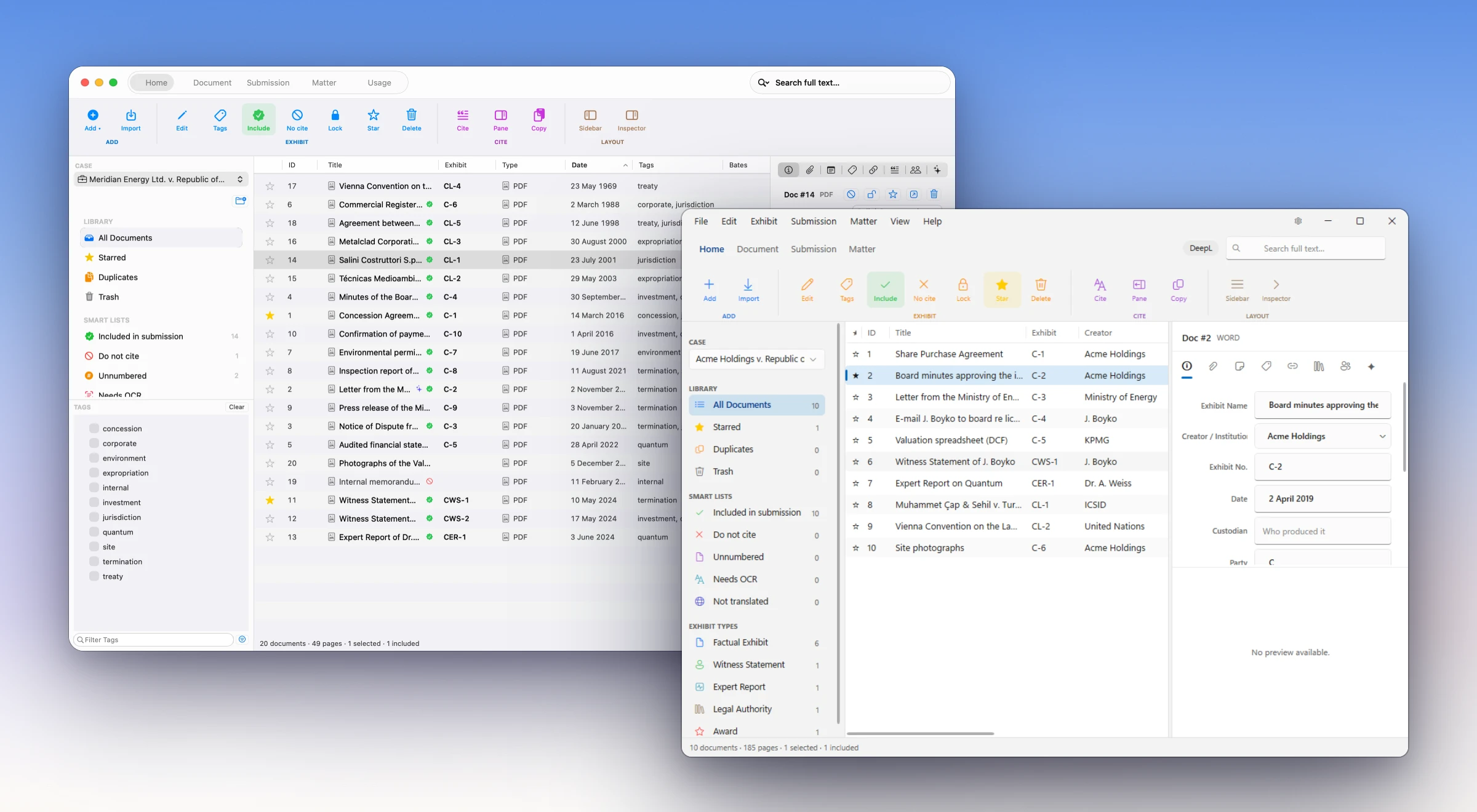 LitArbi on a Mac and on a Windows PC: the ribbon, the sidebar, the exhibit table and the inspector on both