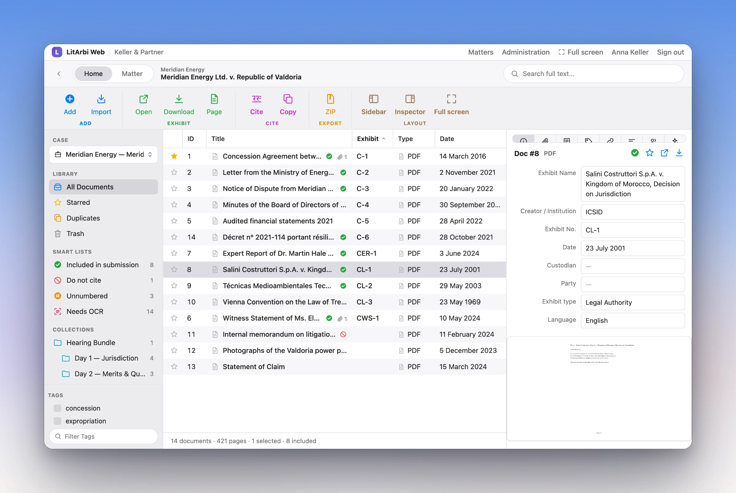 LitArbi Web in the browser: the matter’s sidebar, the exhibit table and the inspector with an award’s citation fields and its preview