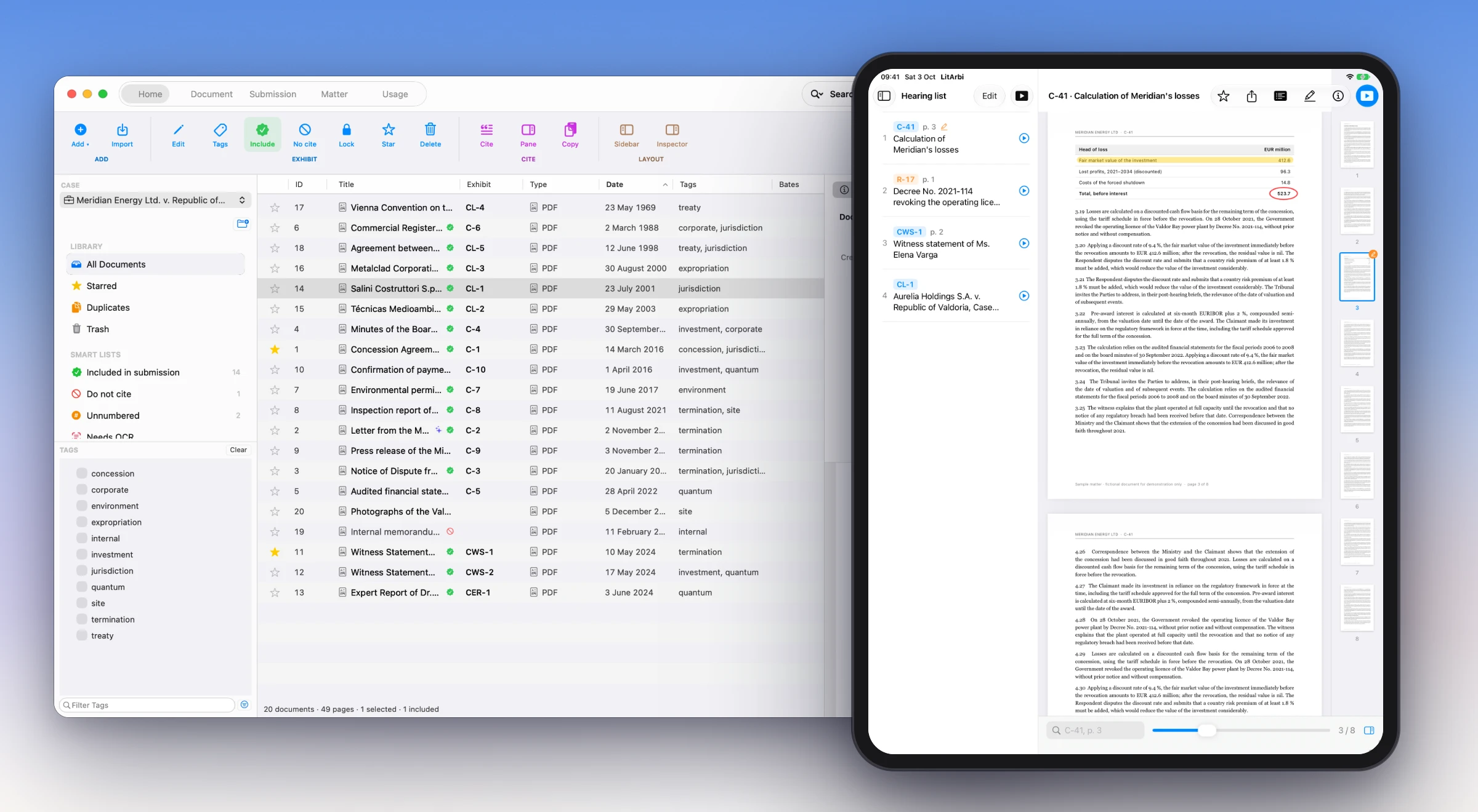 LitArbi on a Mac with LitArbi for iPad: the hearing list, exhibit C-41 at page 3 with a highlighted line and a circled total, and the page column