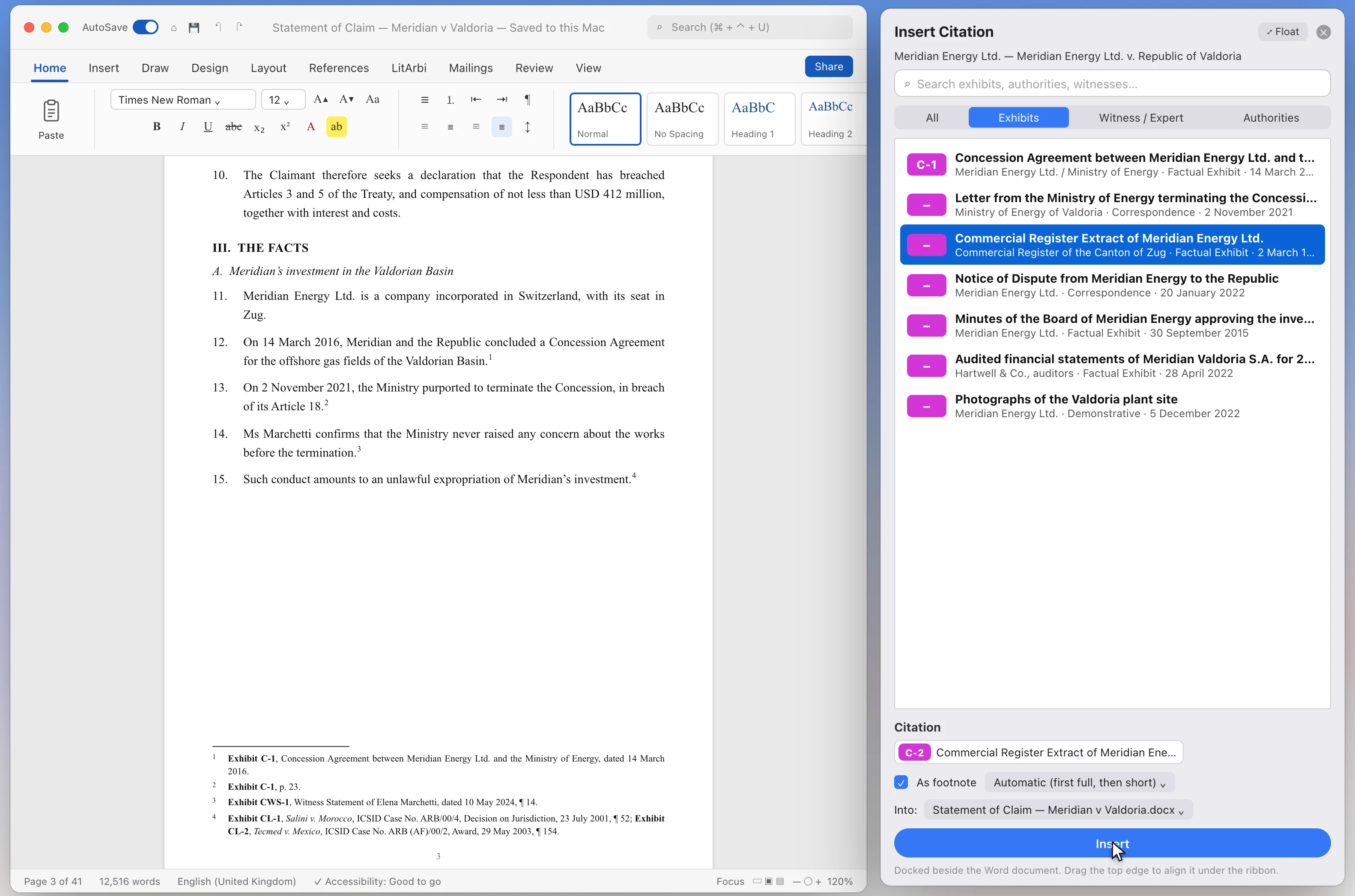 Microsoft Word with LitArbi’s Insert Citation pane docked beside it: the brief and its footnotes on the left; on the right the exhibit list, the pending citation C-2 and the Insert button